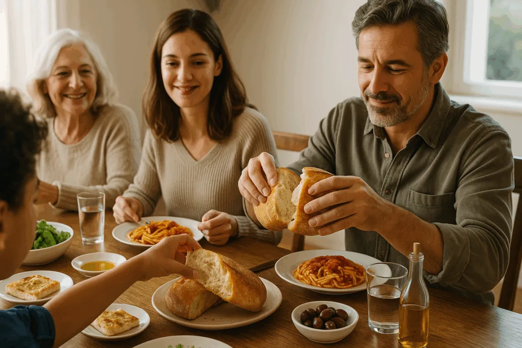 Italian family sharing fresh bread at meal
