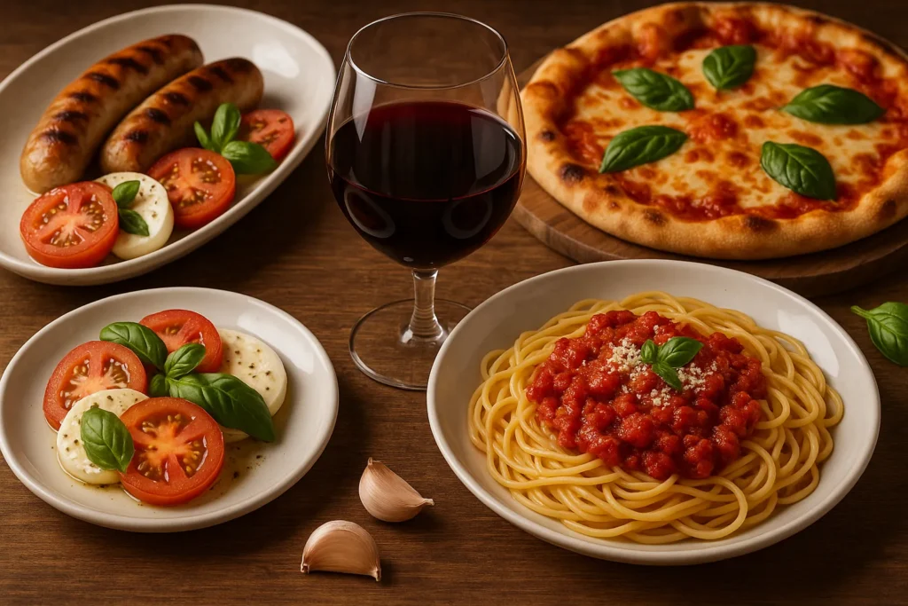 Italian cuisine paired with glass of red wine