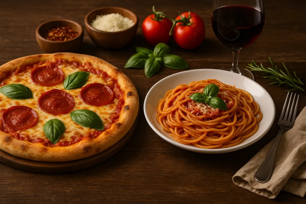 Pizza and pasta served with wine and basil