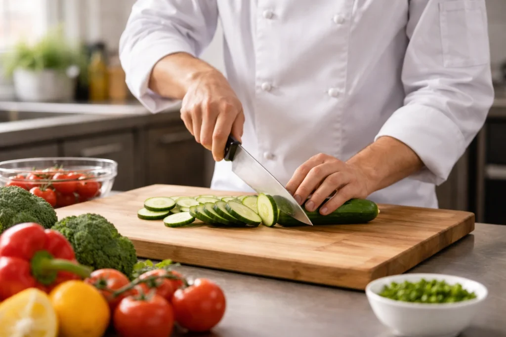 Culinary Student Practicing Knife Skills