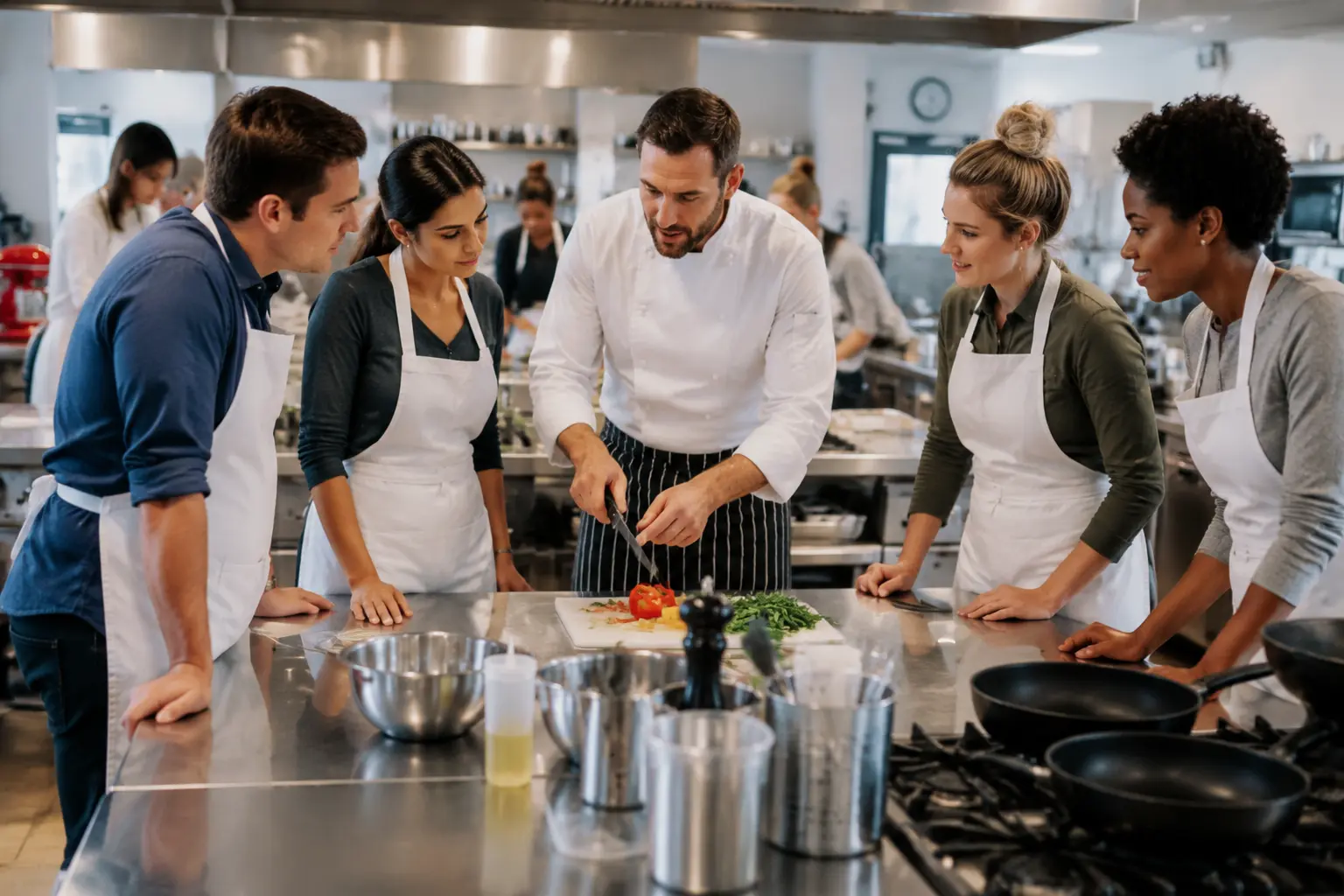 chef explaining in a beginner's cooking class