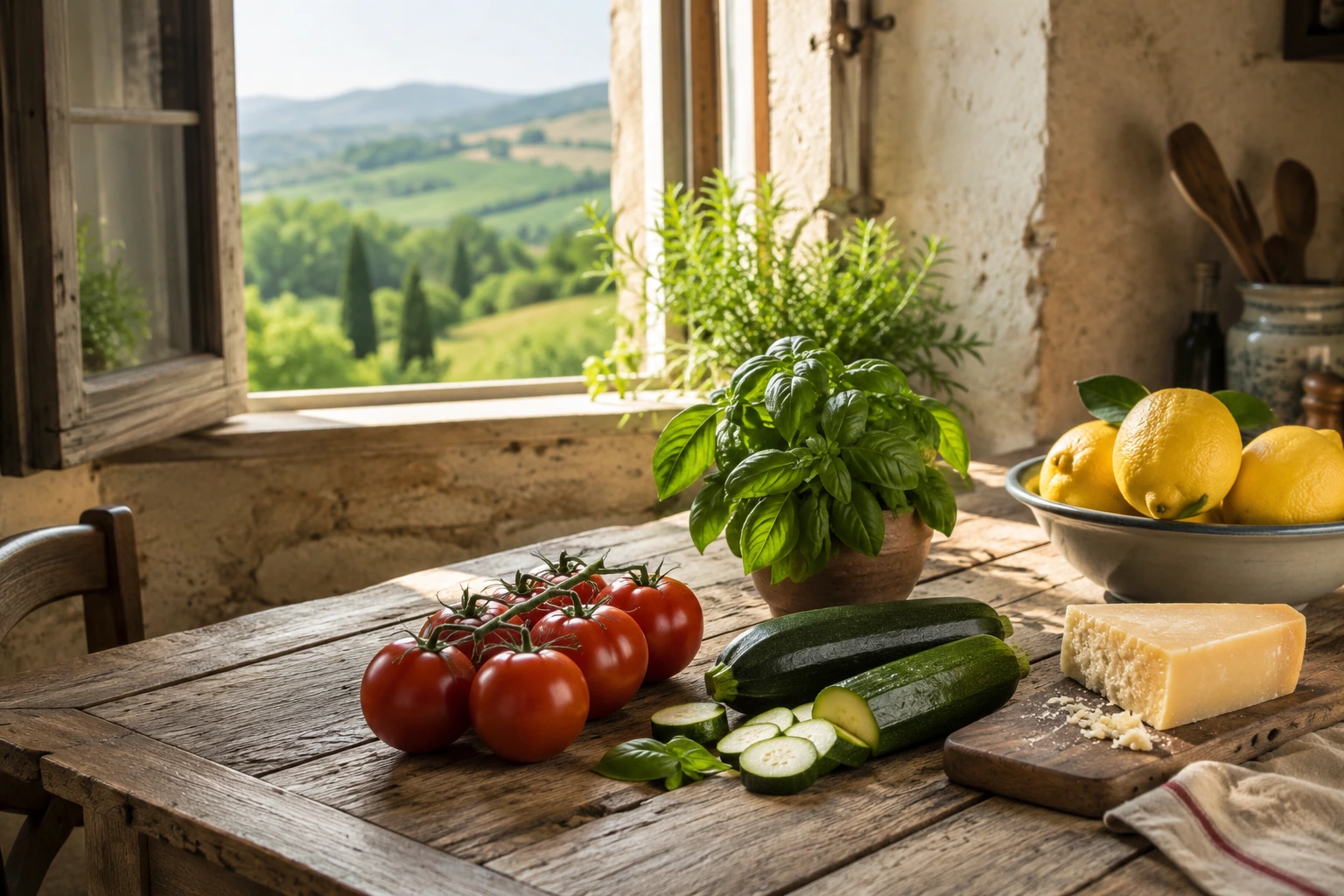 Seasonal Italian ingredients arranged on a rustic kitchen table