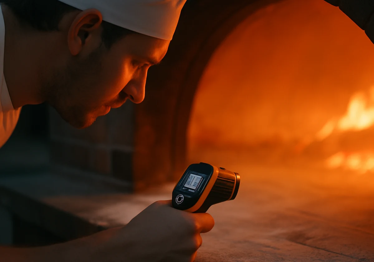 Baker leaning forward with an infrared thermometer pointed
