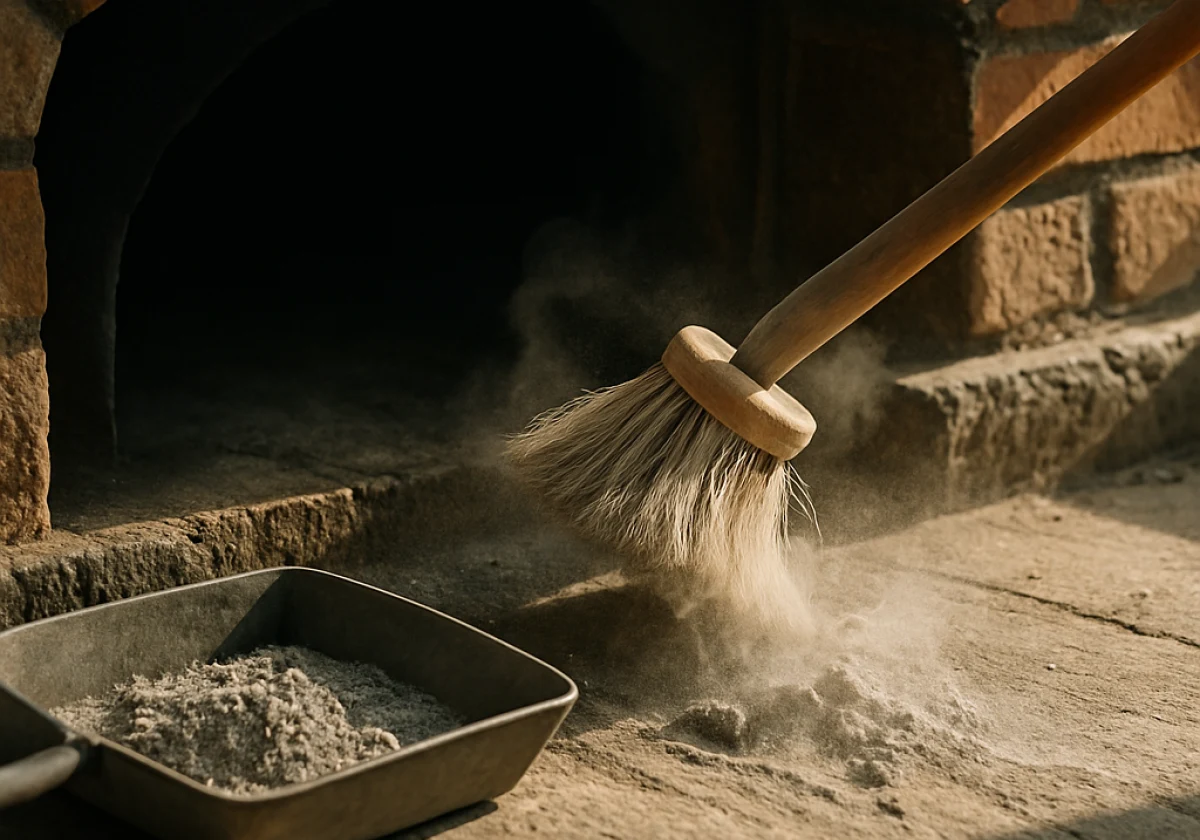 Close-up of a long-handled brush sweeping gray ash from the base