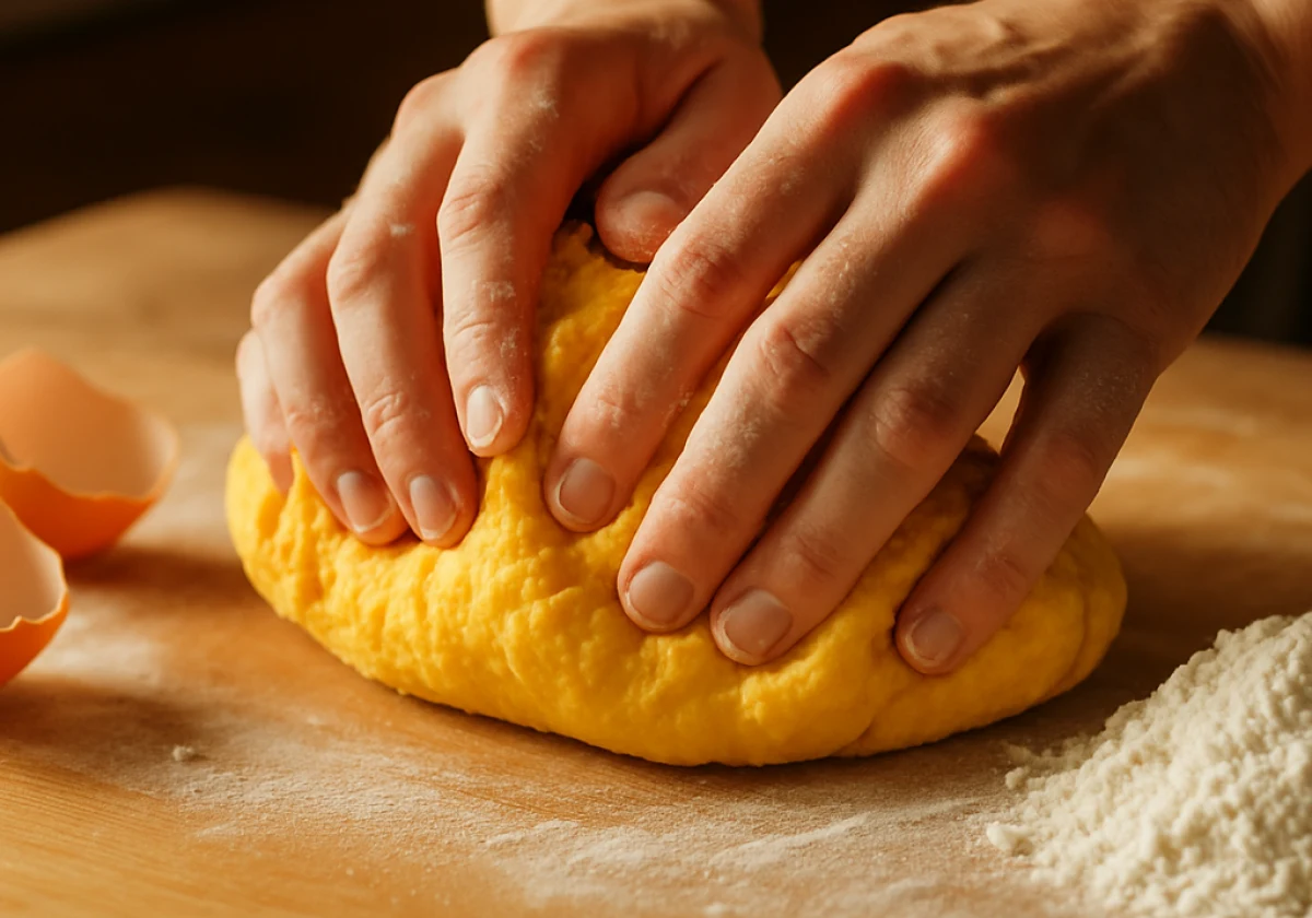 Close-up of hands kneading bright yellow pasta dough on a wooden board
