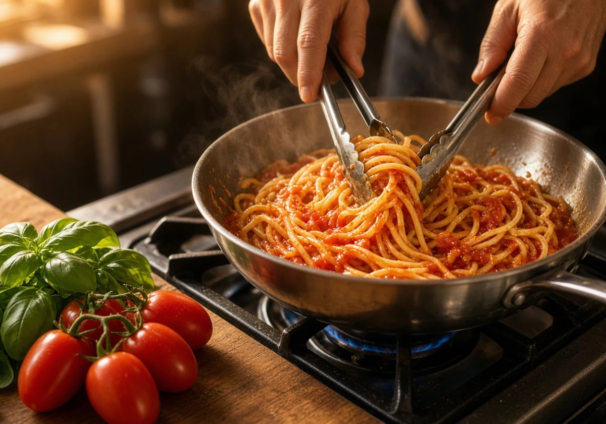 Close-up of hands using tongs to toss al dente pasta strands