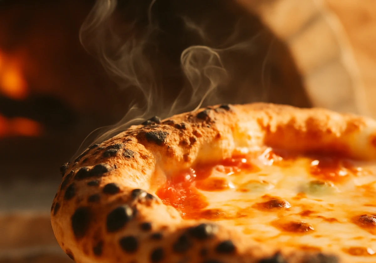 Close-up photograph of a just-removed pizza pulling away
