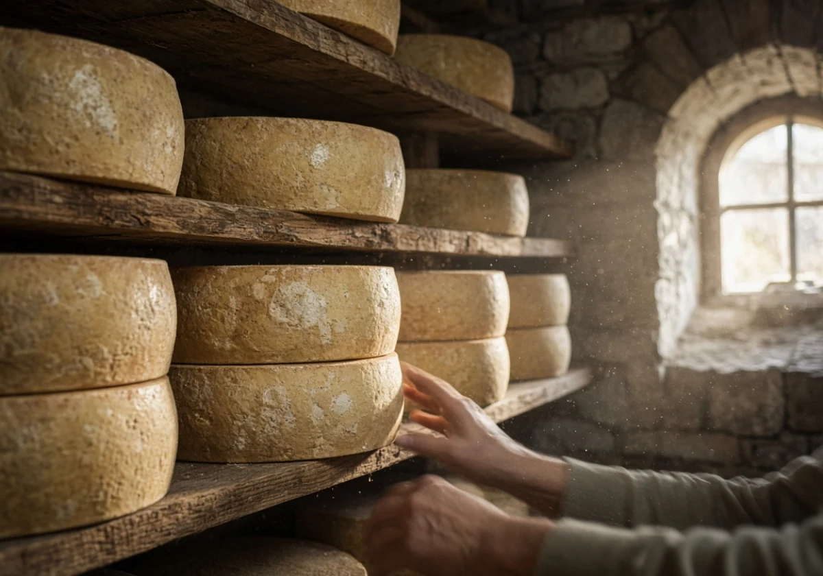 Close-up photograph of aged Parmigiano Reggiano wheels stacked