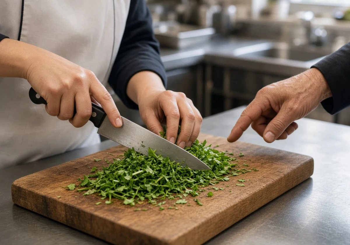 Culinary student's hands holding a chef's knife executing a precise