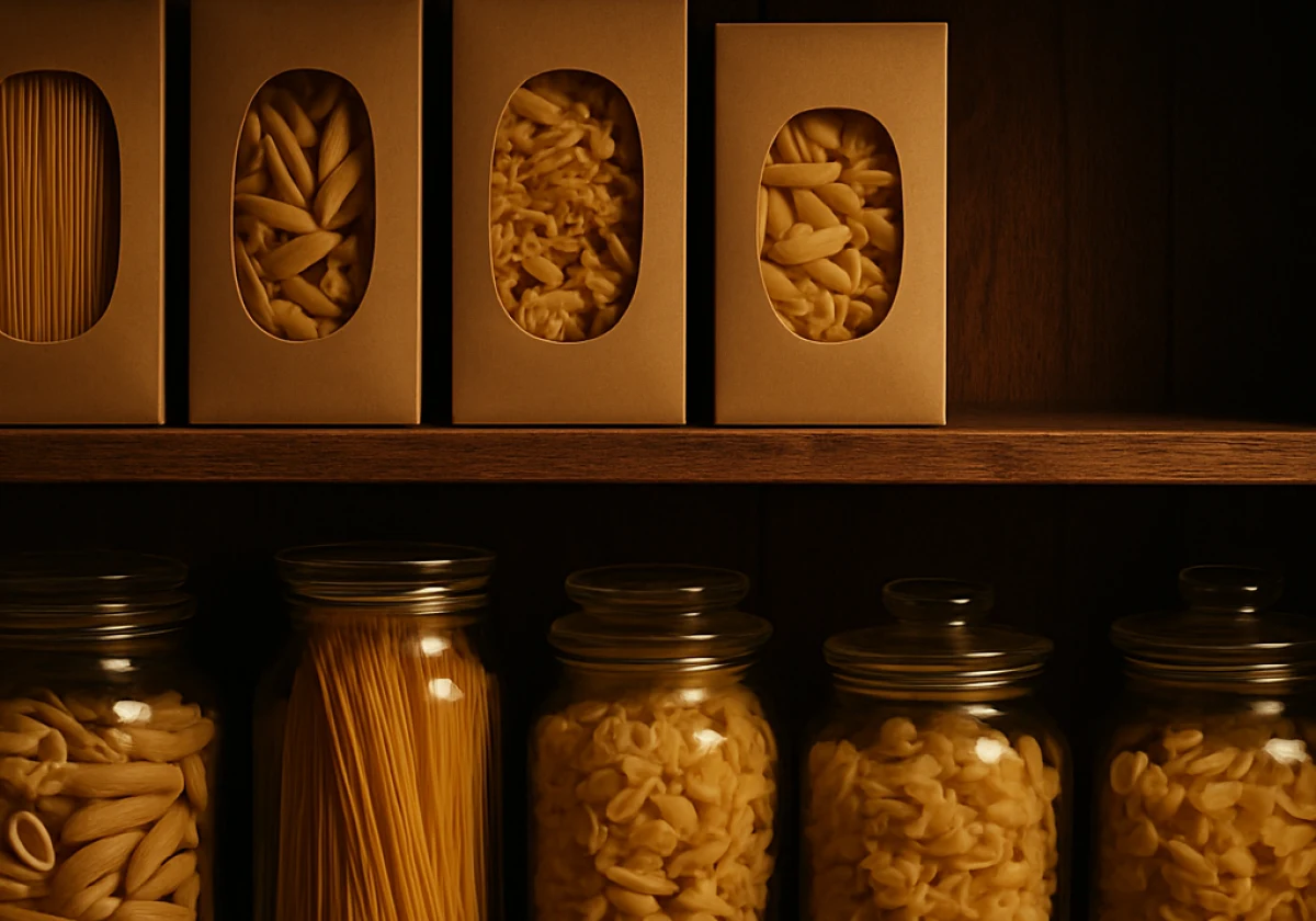 Deep wooden pantry shelf stocked with boxes of dried pasta