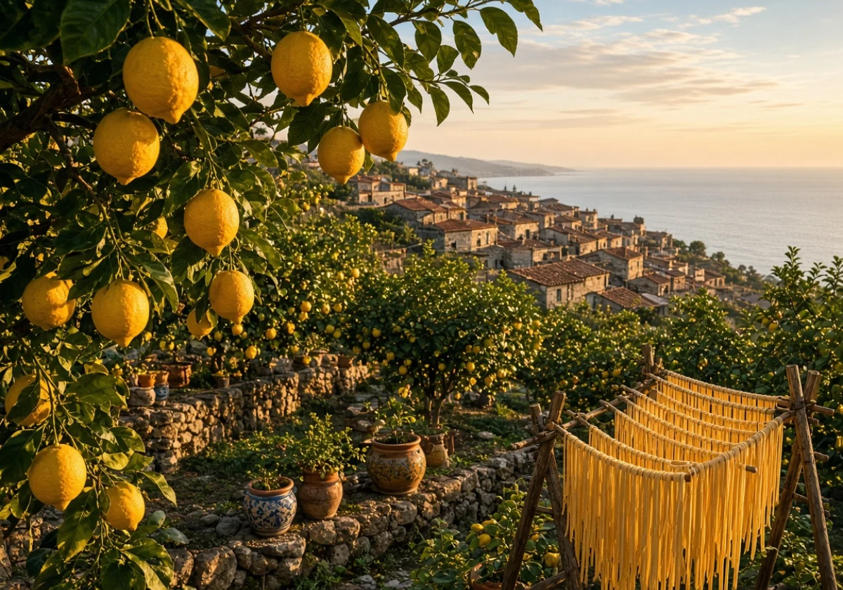 Hillside terraced lemon grove in southern Italy at golden hour