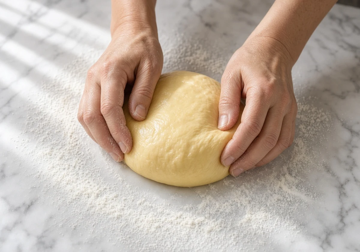 Pair of hands kneading smooth pale yellow fresh pasta dough