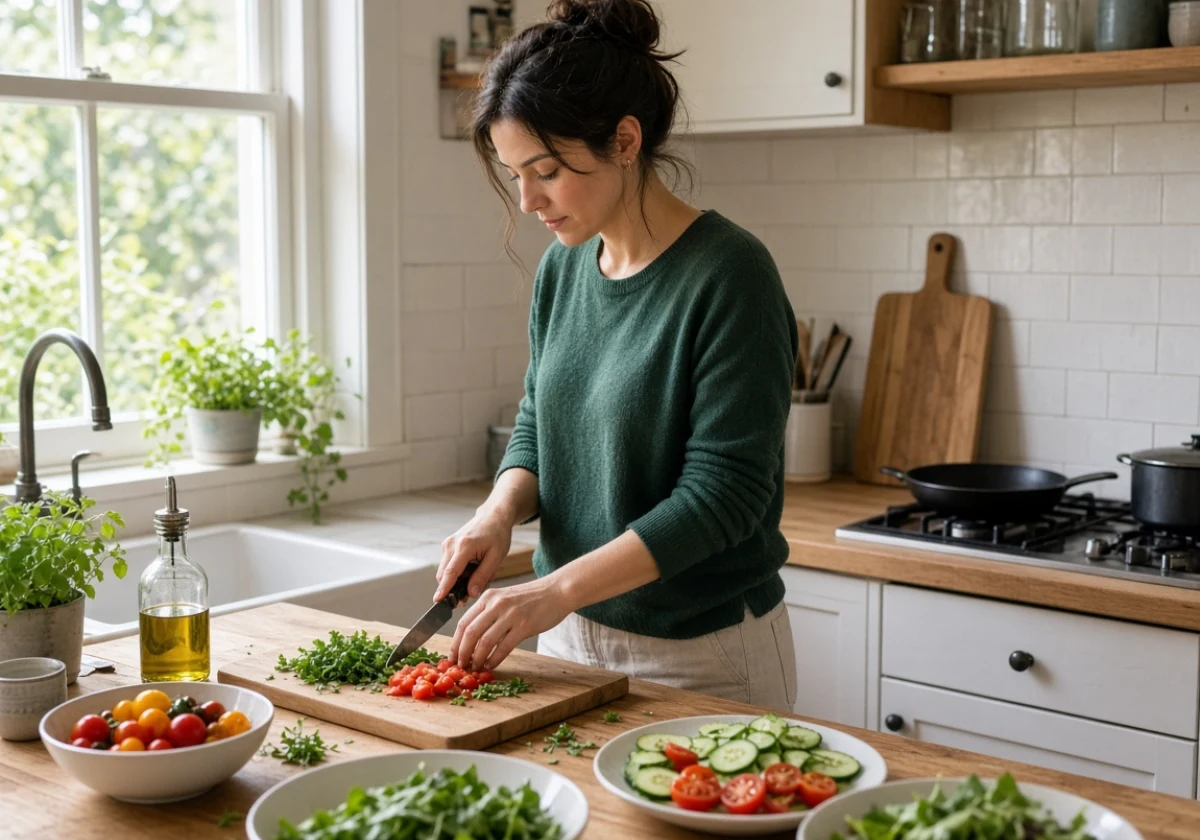 Person cooking alone in their home kitchen during midday light