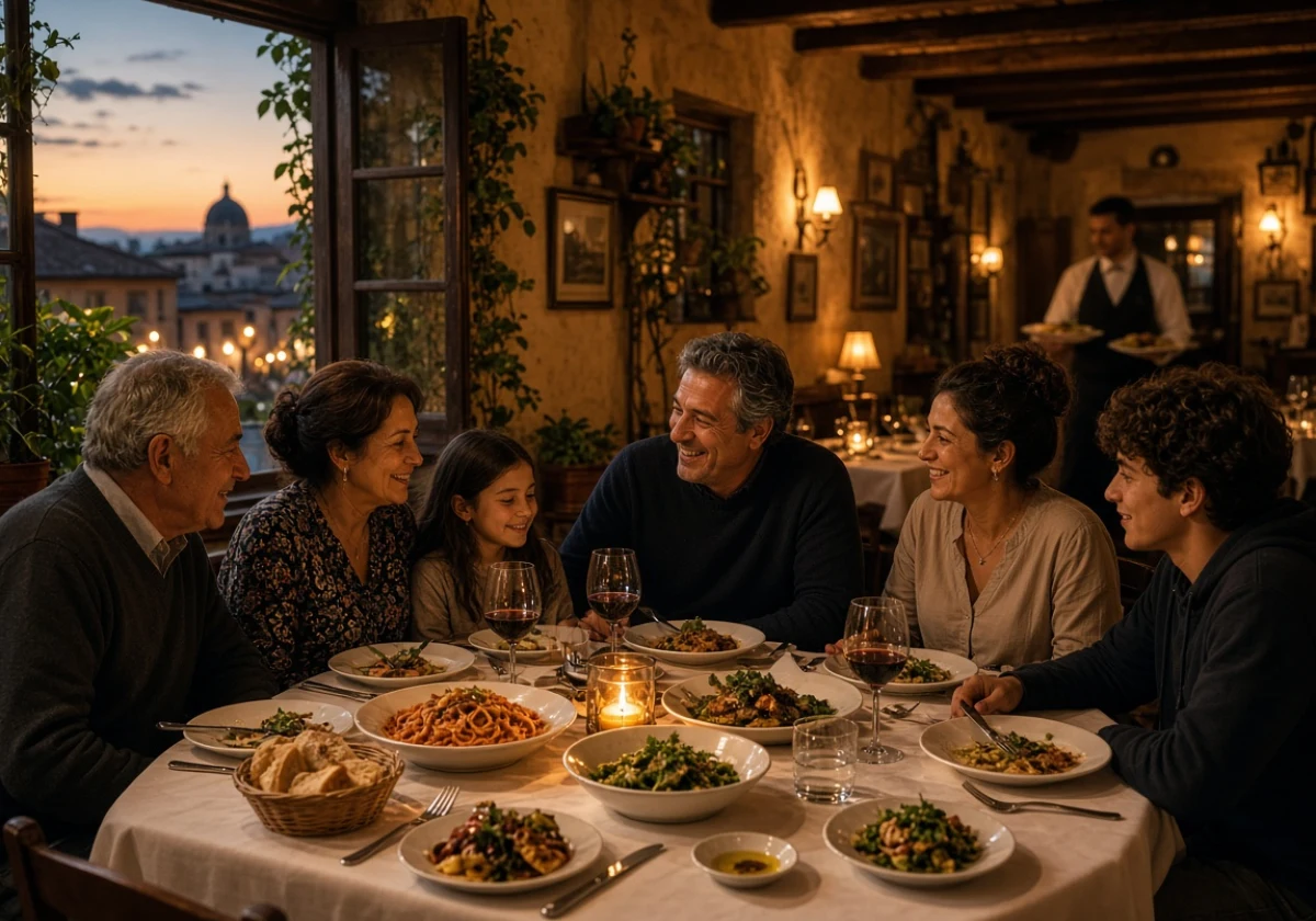 Warm-lit interior of a traditional Italian trattoria at dusk