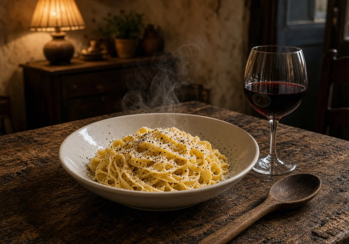 Weathered wooden table in an old Italian home lit by warm evening
